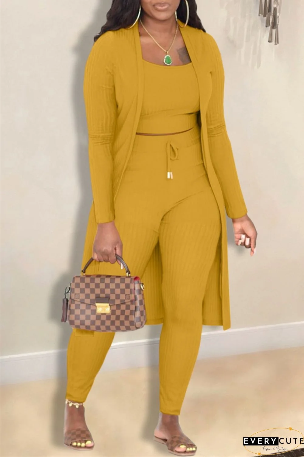 Casual Solid Cardigan Vests Pants Long Sleeve Three Piece Set