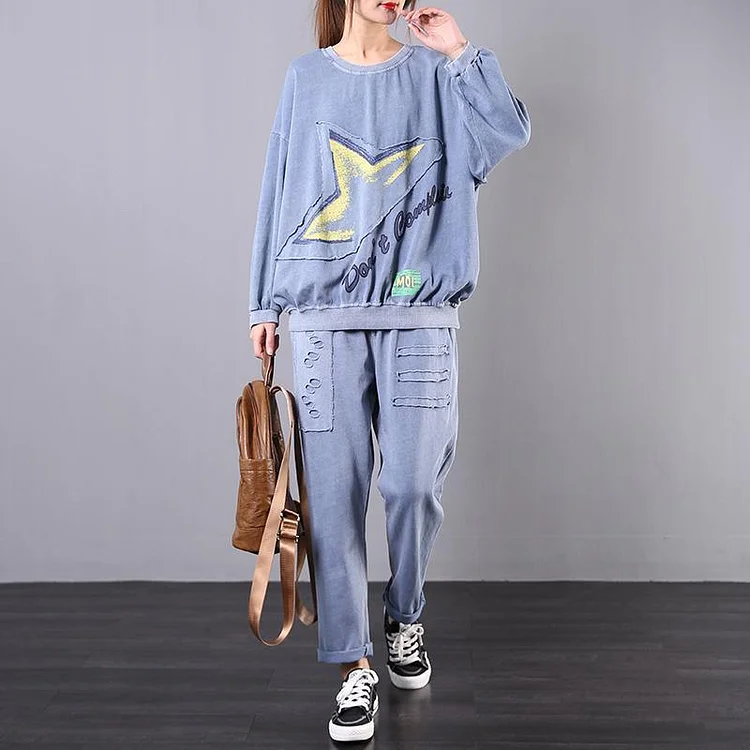 Spring loose large size retro blue casual sports two-piece suit