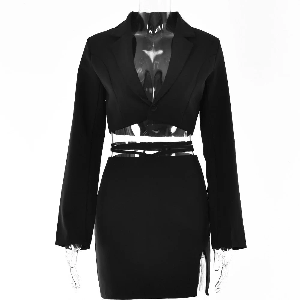 Yimunancy 2-Piece Blazer Sets V Neck Cropped Blazer + High Waist Skirt 2021 Autumn Button Notched Lace Up Matching Set