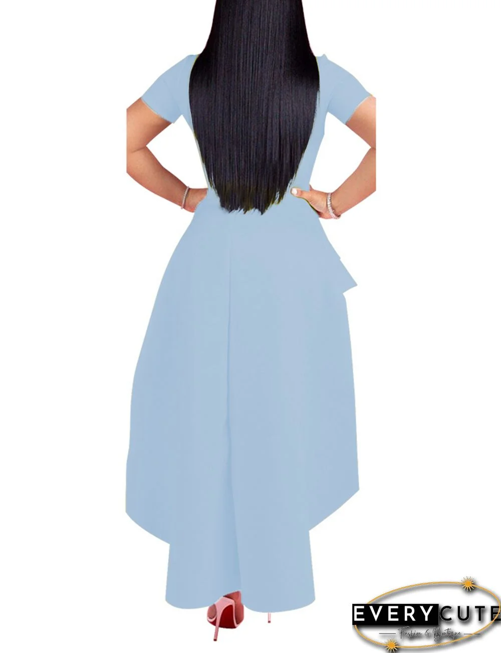 Light Blue Ruffles Hem Short Front Evening Dress