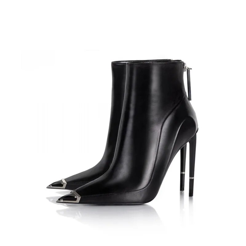 VCSHOES Black Stiletto Zipper Ankle Single Boots For Women Party Pumps Pointed Toe High Heels Temperament Wedding
