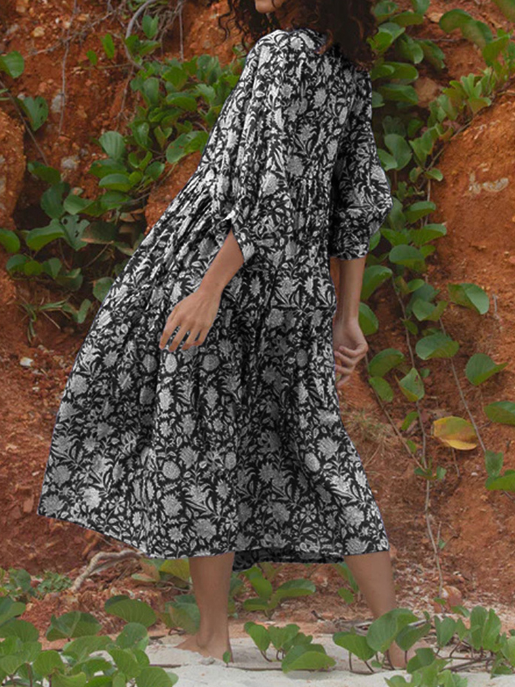 Boho Print V Neck 3/4 Sleeve Midi Dress wearshes