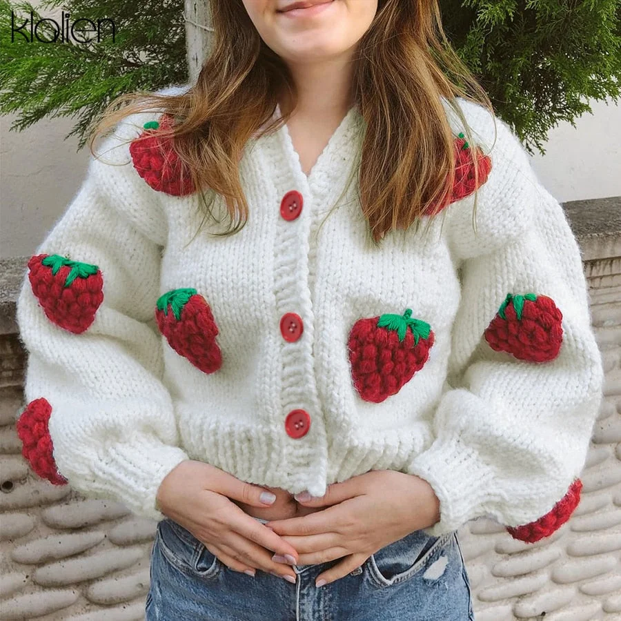 Abebey Fashion Elegant Cute Print Strawberry Single Breasted Sweater Women Autumn Thicken Warm Cardigan Sweater Streetwear
