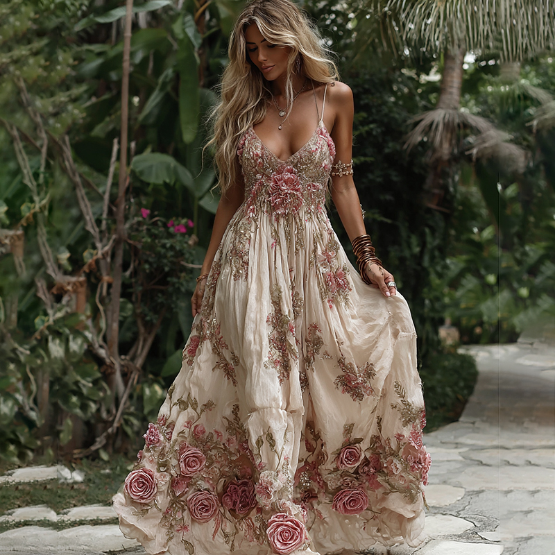 Women's Vintage Pink Rose Embroidery Art V-neck Suspender Maxi Dress