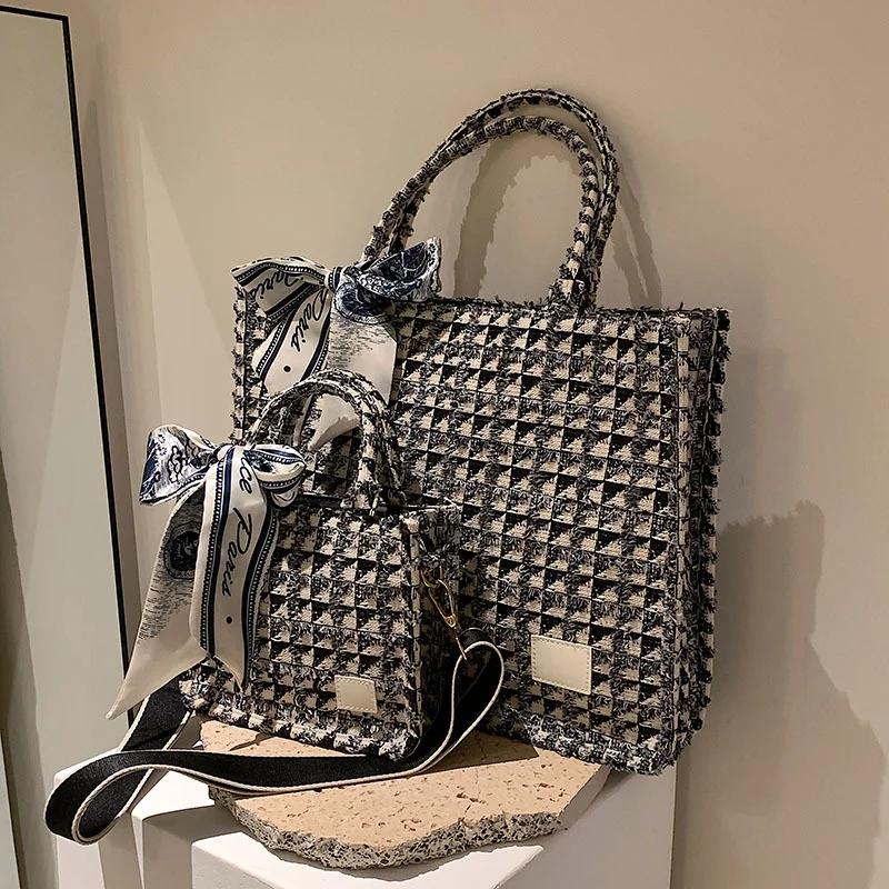 Twilly Scarf Decor Tweed Top Handle Bag