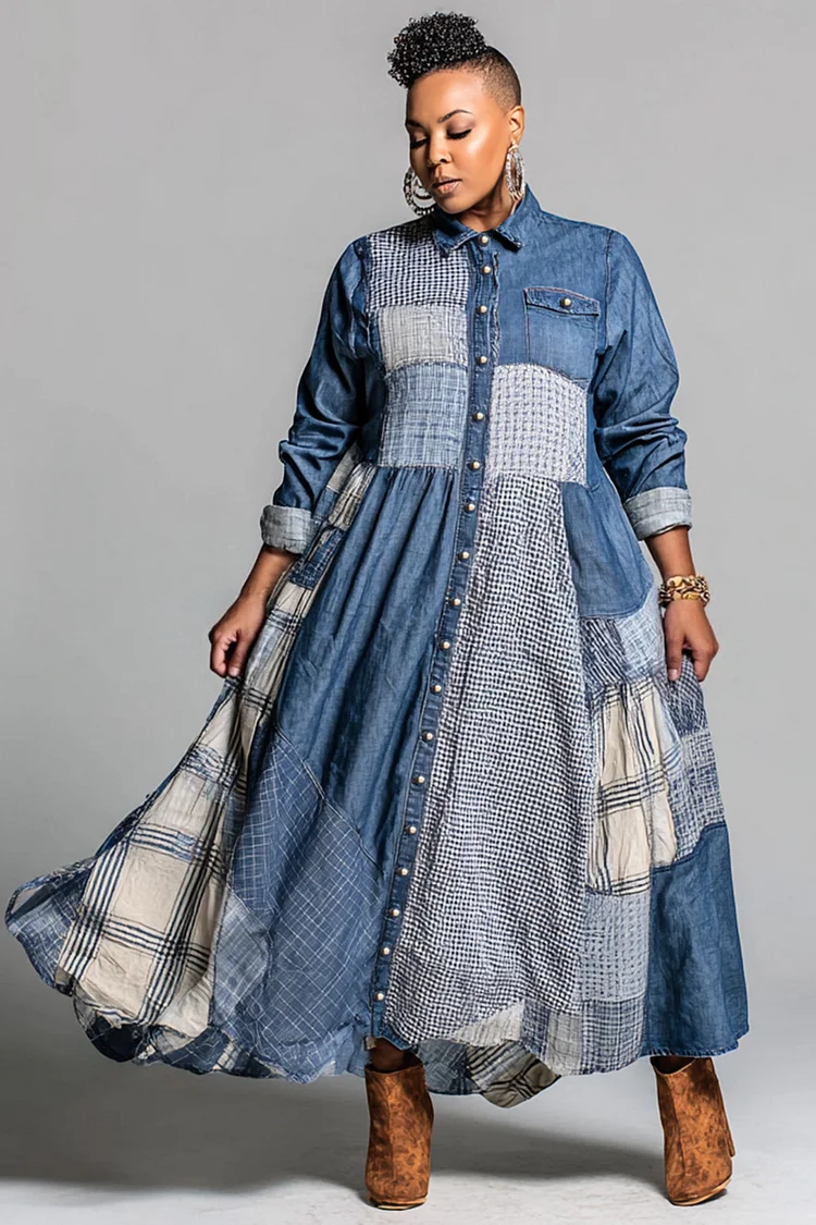 Xpluswear Design Plus Size Daily Light Blue Plaid Shirt Collar Long Sleeve Contrast Casual Pocket Maxi Dresses 2024 - Xpluswear