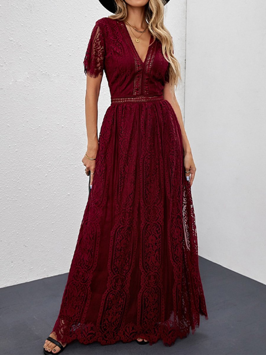 Women's Solid Color V-Neck Lace Short Sleeve Dress