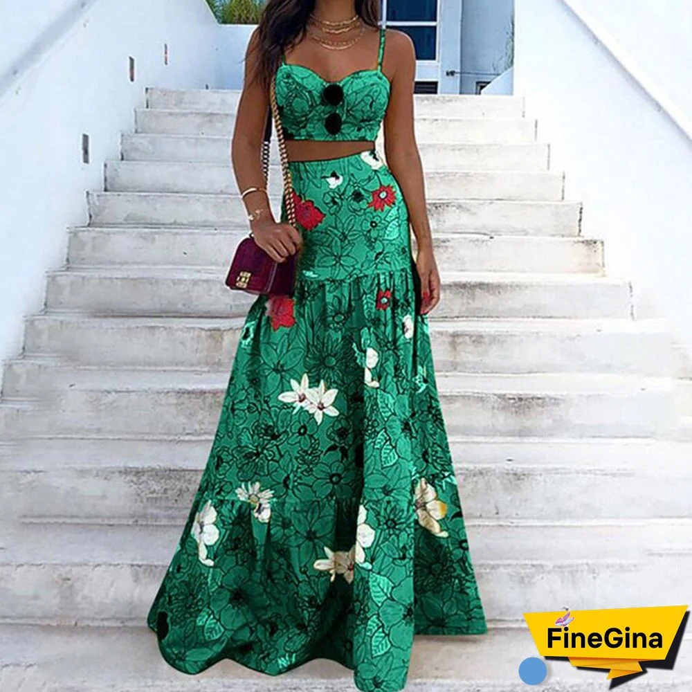 Women Summer Beach Dress 2Pcs Suit Floral Print Holiday Halter Crop Top Midi Dress Slim Waist Pleated Hem Dress Outfits D30