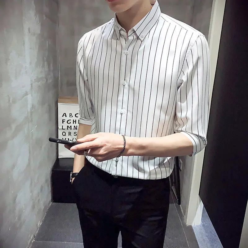 Greenacrs mens winter vest jacket Clothes Half Sleeve Striped Men's Shirt and Blouse Red Male Top for Office Regular Social Summer with Collar Original Sleeves I