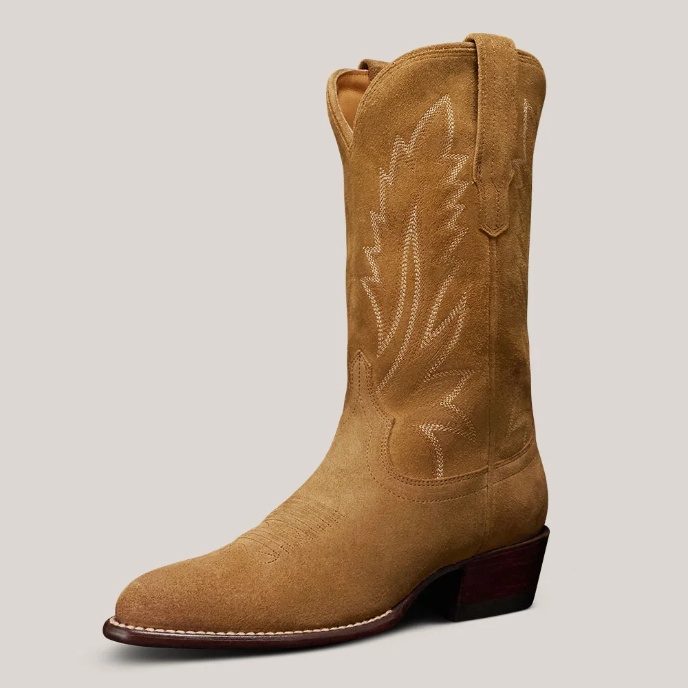 Vegan Suede Chunky Low Heel Mid Calf Stitching Cowgirl Boots in Tan