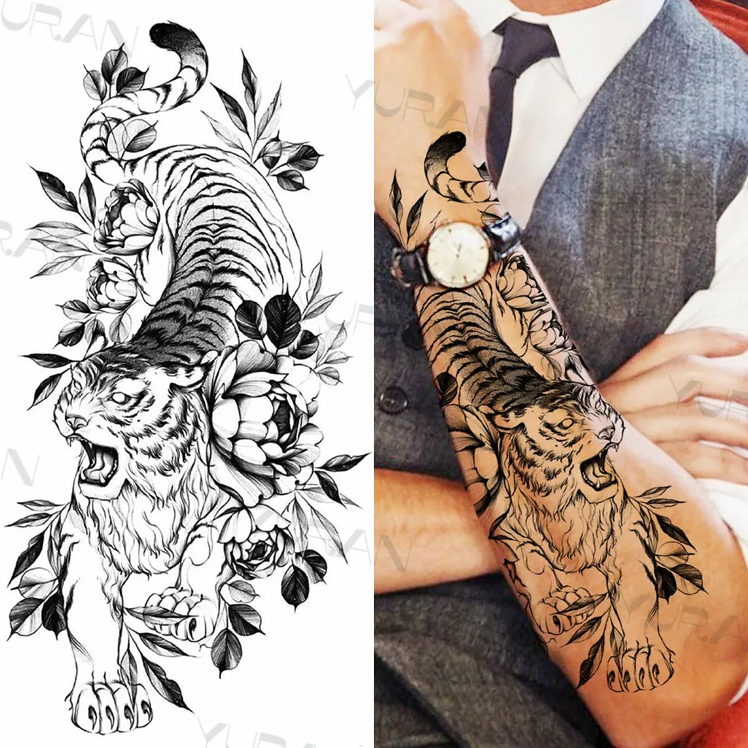 Sdrawing Tiger Flower Temporary Tattoo For Men Adult Fake Cat Dragon Tiger Eagle Wolf Tattoo Sticker Water Transfer Tatoo Paste