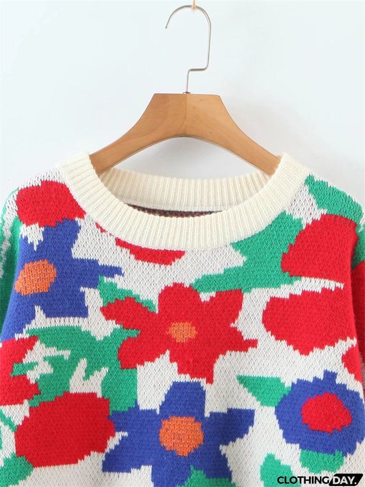 Casual Round Neck Floral Pullover Sweater