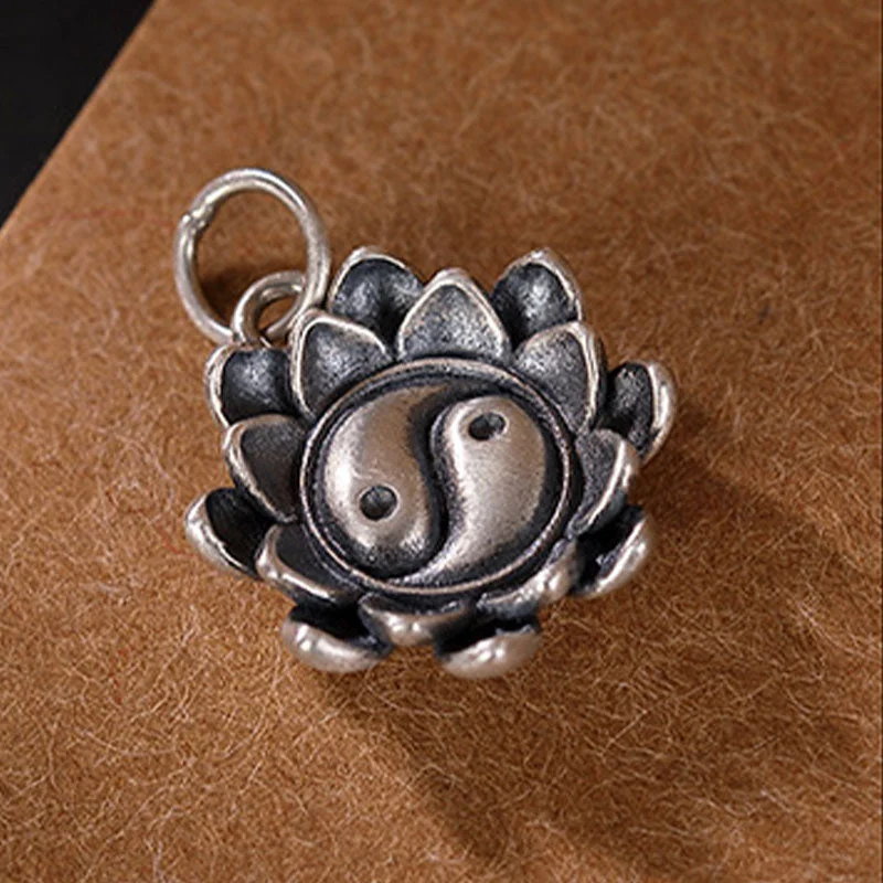 Lotus Yin Yang Pattern 925 Sterling Silver Enlightenment Necklace Pendant