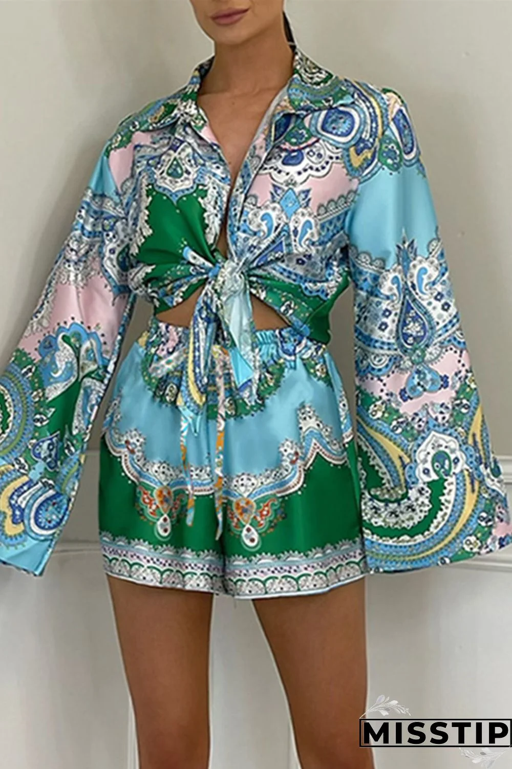 Blue Fashion Casual Print Bandage Turndown Collar Long Sleeve Two Pieces