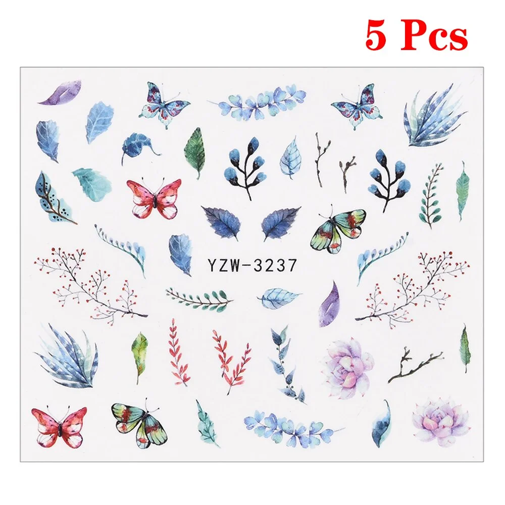 5 Pcs Flower Water Nail Stickers Decals  Wind-Bell Butterfly Phalaenopsis Transfer Tip Flora Painting Slider Manicure Decoration