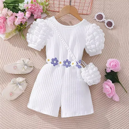 【2Y-7Y】Girls Floral Puff Sleeve Jumpsuit With Bag