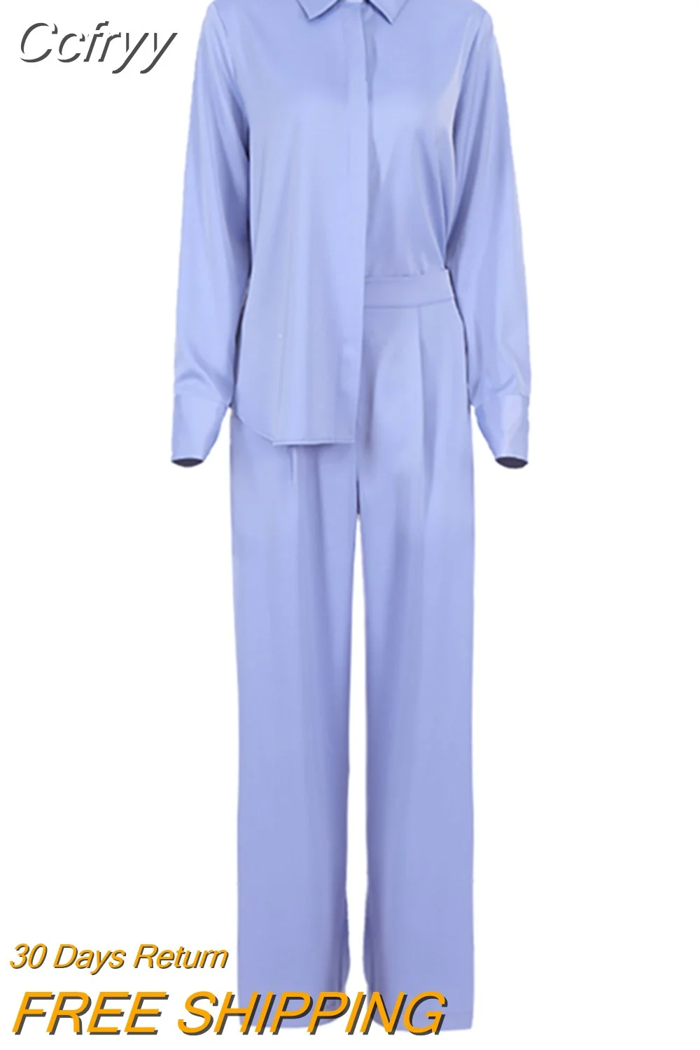 Huibahe Blue Elegant 2 Piece Women Pantsuit Office Satin Outfits Button Shirts And Wide Legs Long Pants Oversize Suit Ladies