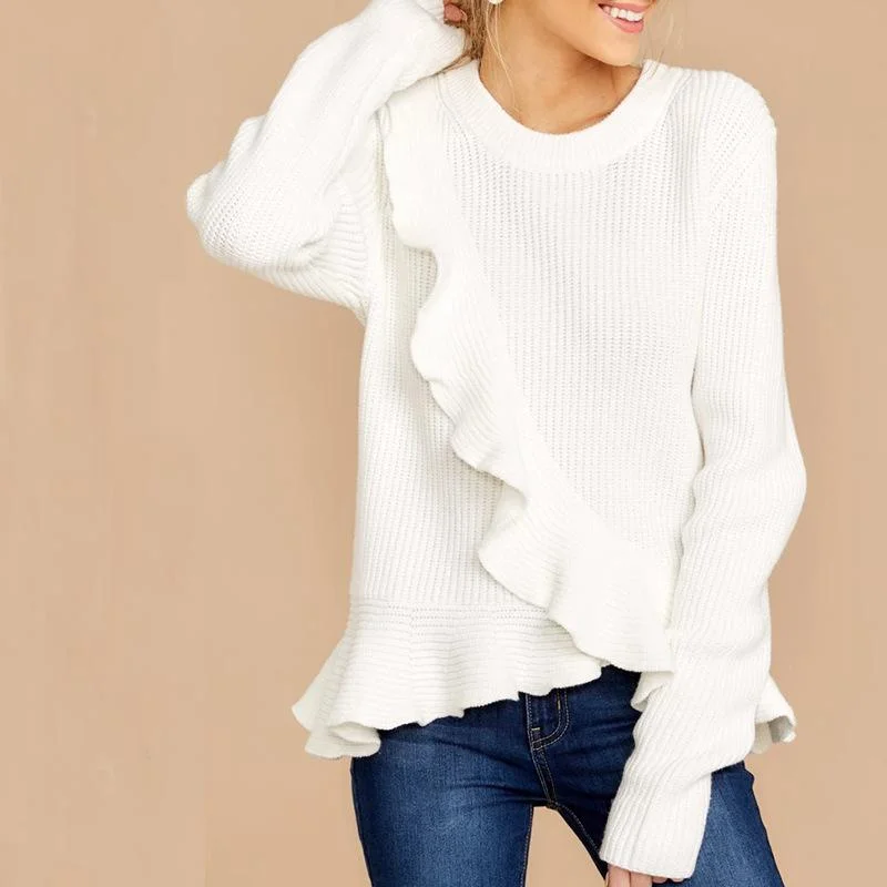 Solid Color Ruffled Sweater For Autumn and Winter