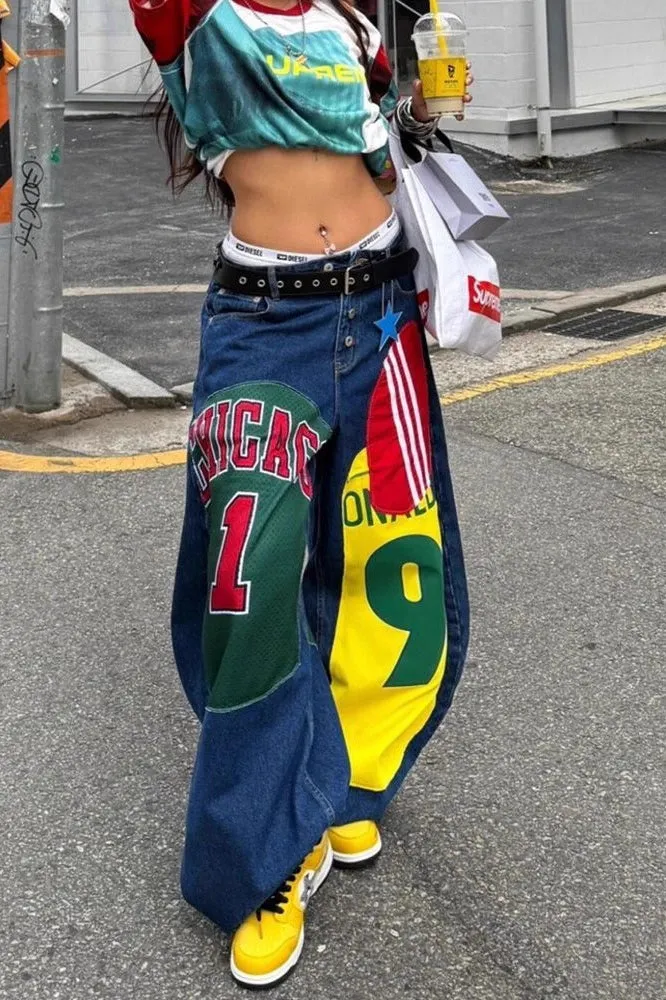 Graphic Patch Wide Leg Floor Length Trendy Hip Hop Jeans