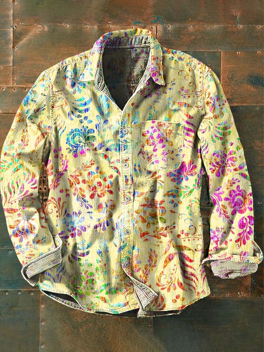 Men's Retro Floral Print Casual Lapel Long Sleeve Shirt