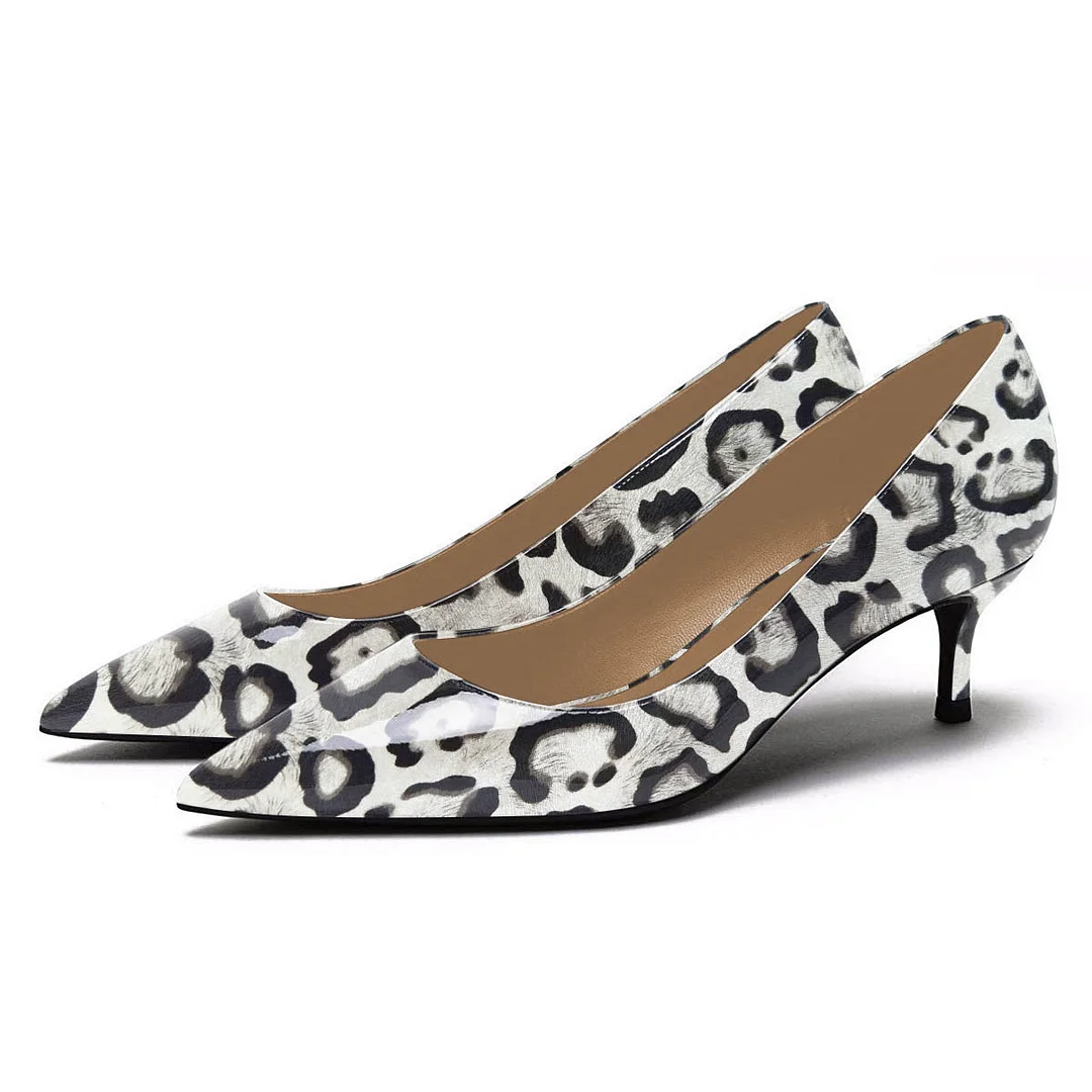 YDN Grey Patent Leather Leopard Low Heel Pumps for Women
