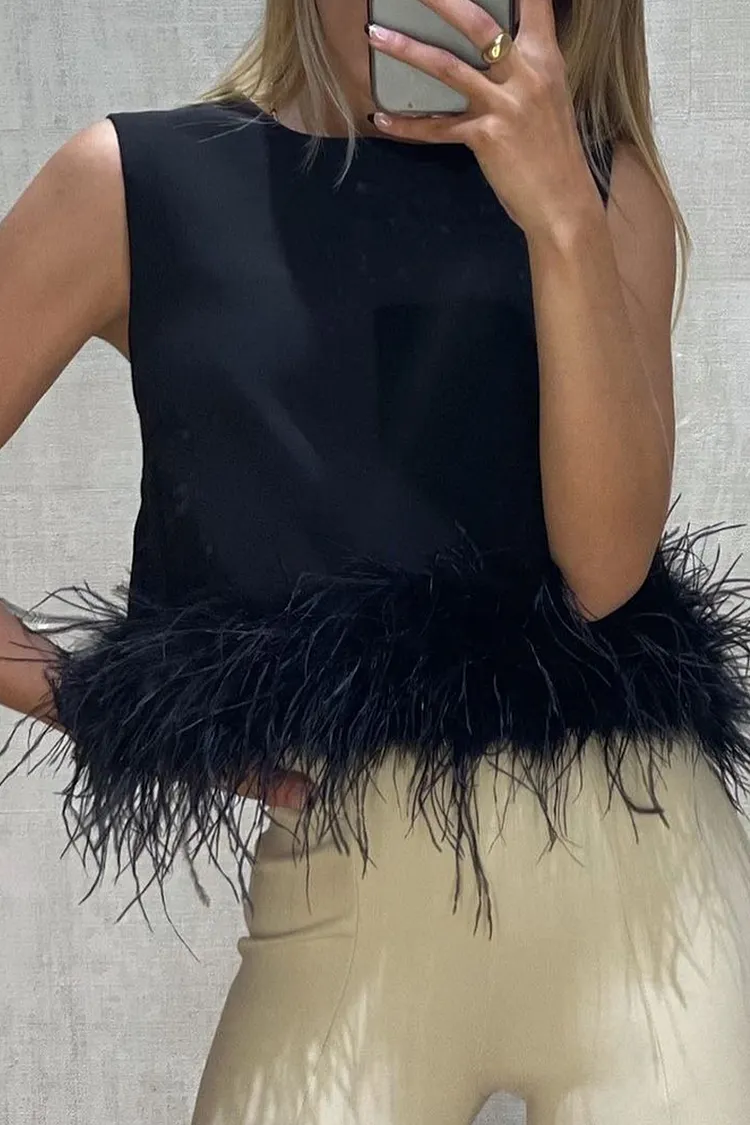 Casual Solid Feathers O Neck Tops(5 Colors)