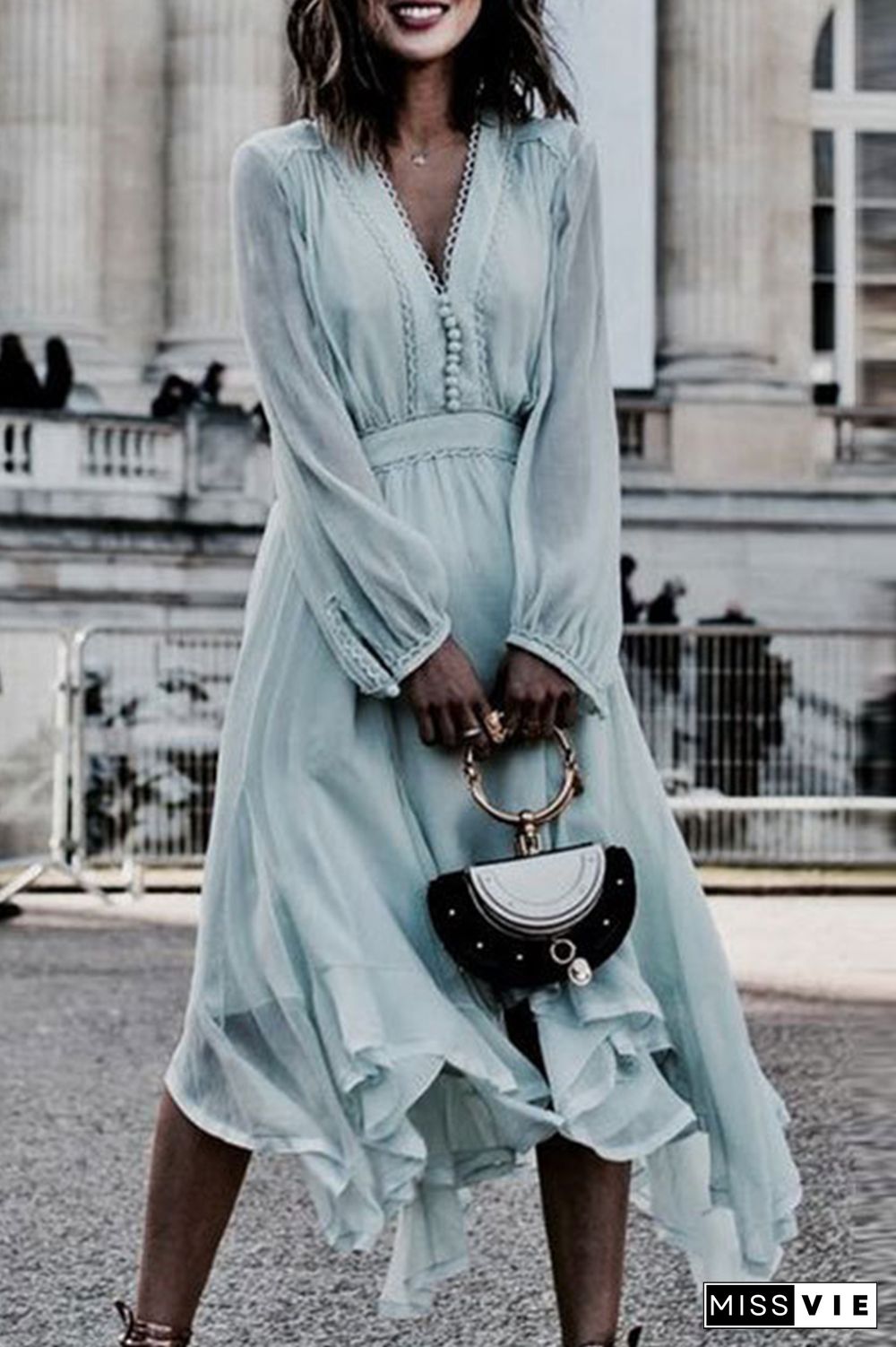 Fashion Elegant Solid Split Joint Buttons V Neck Irregular Dress Dresses