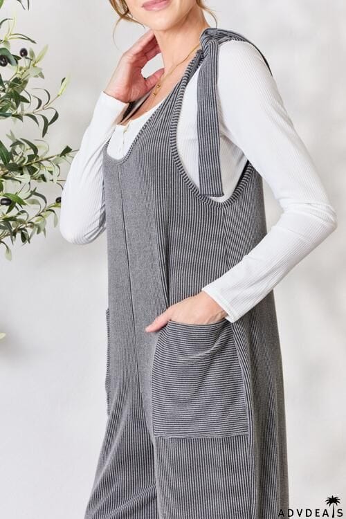 Celeste Full Size Ribbed Tie Shoulder Sleeveless Ankle Overalls