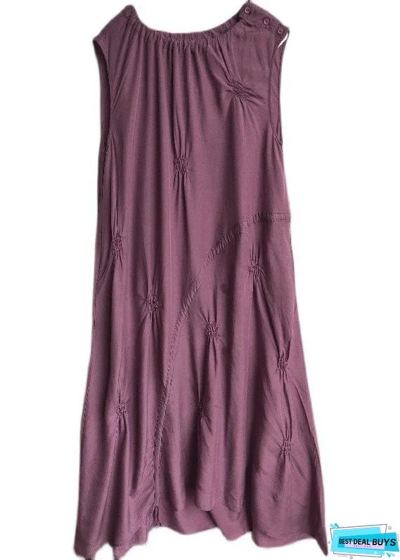 Stylish Purple Drawstring Wrinkled Cotton Long Dress Sleeveless