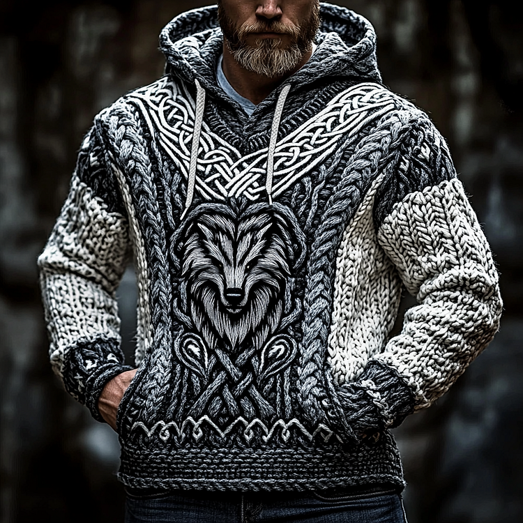 VChics Men's Viking Wolf Inspired Celtic Chunky Hooded Sweater