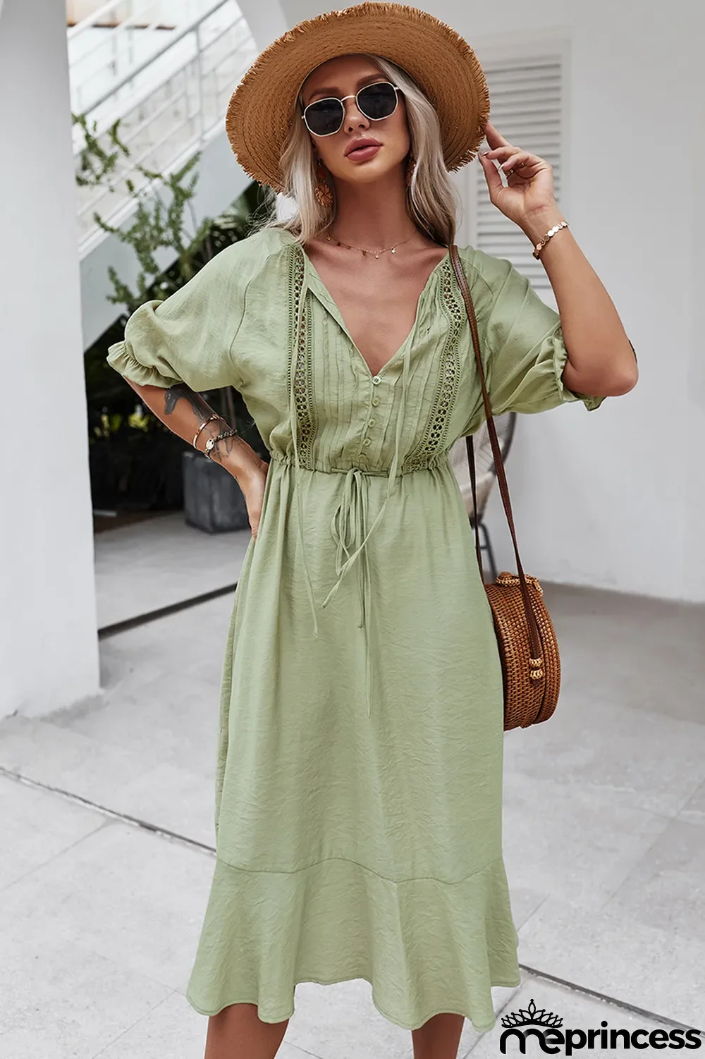 Spring Casual Green Hollow Out Drawstrings Waist Long Dress