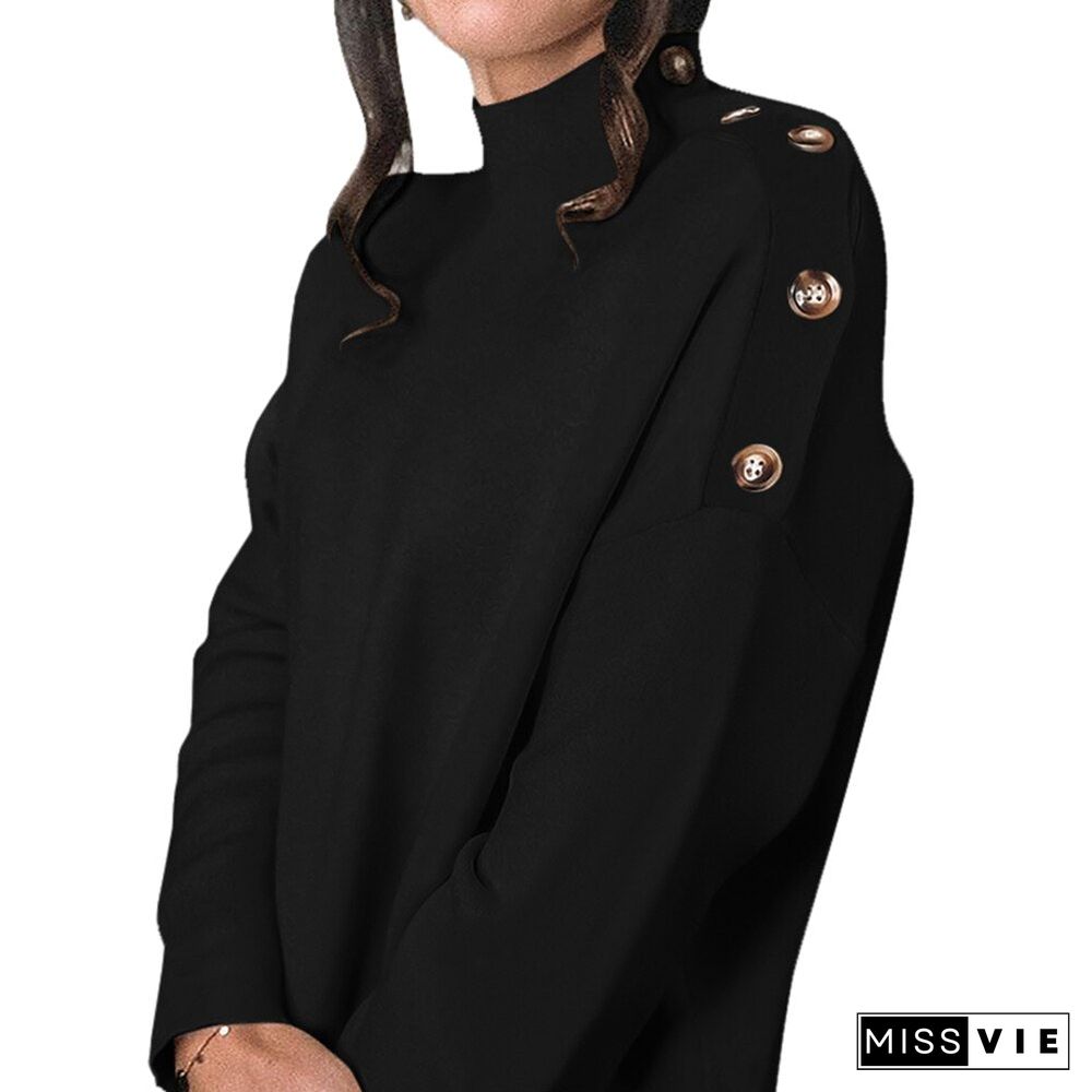 Fashion Turtleneck Button Pullover Women'S Single-Breasted Sweater Long Sleeve Knitted Winter Loose Solid Color Autumn Tops