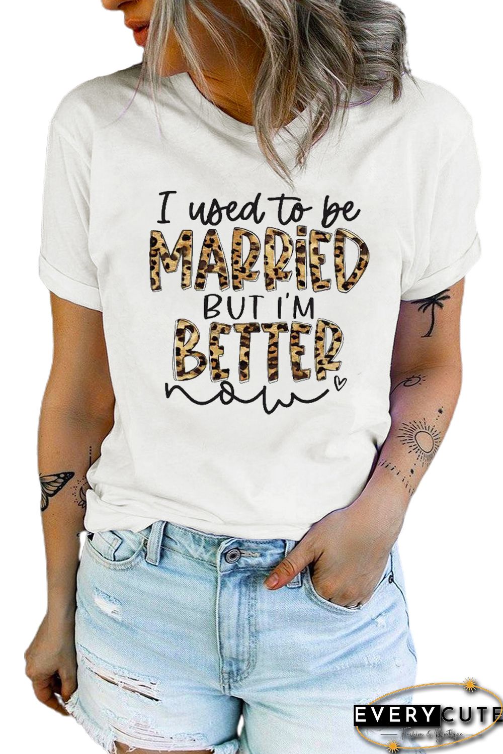 White Leopard Letters Print Short Sleeve Graphic Tee