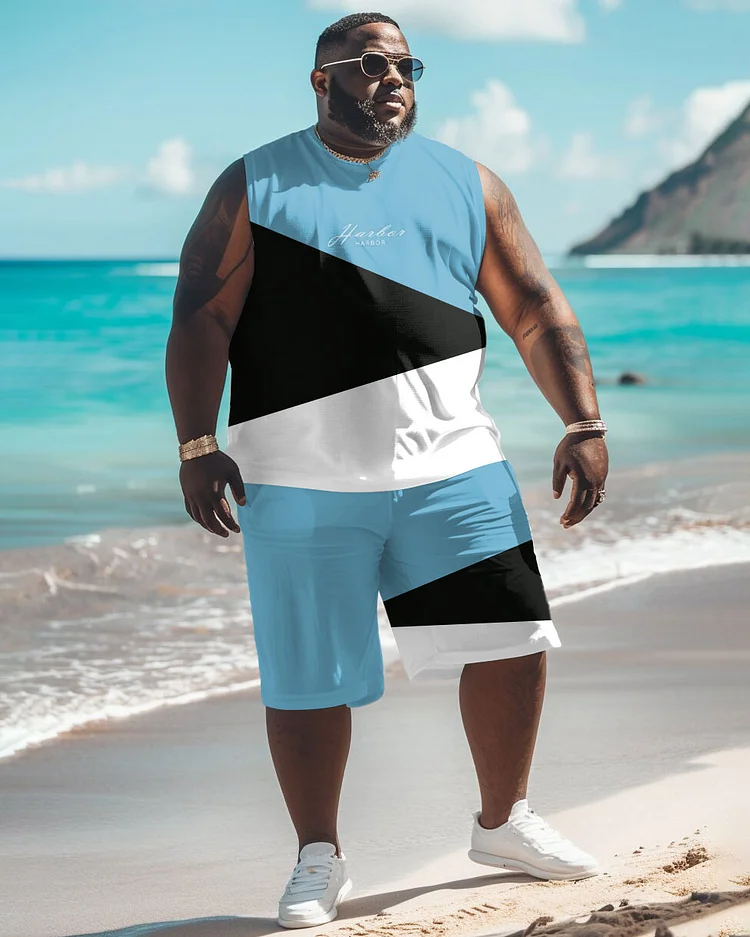 Men's Large Summer Simple Colorblock Alphabet Print Vest Shorts Suit