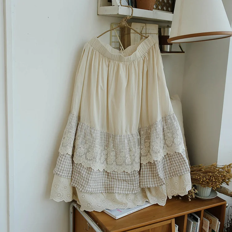 Fairy Tales Aesthetic Cotton Multi-Layered Lace Hem Skirt QueenFunky