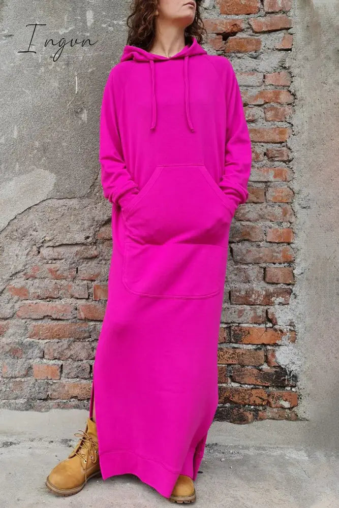 Ingvn - Casual Solid Draw String Pocket Hooded Collar Long Sleeve Dresses Rose Red / S