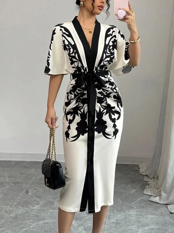 Flower Print Printed Tied Waist Half Sleeves V-neck Midi Dresses