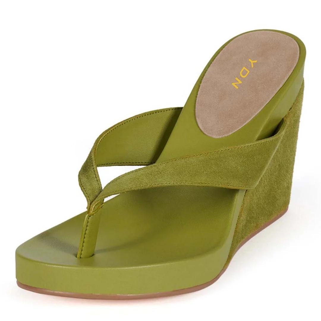 Olive Vegan Suede Open Toe Platform Flip Flops Wedge Sandals