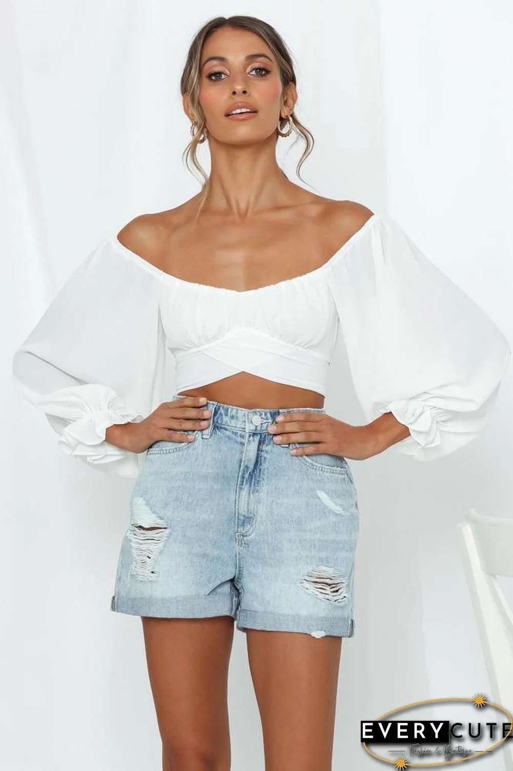 Red Long Sleeve Off Shoulder Crop Tops