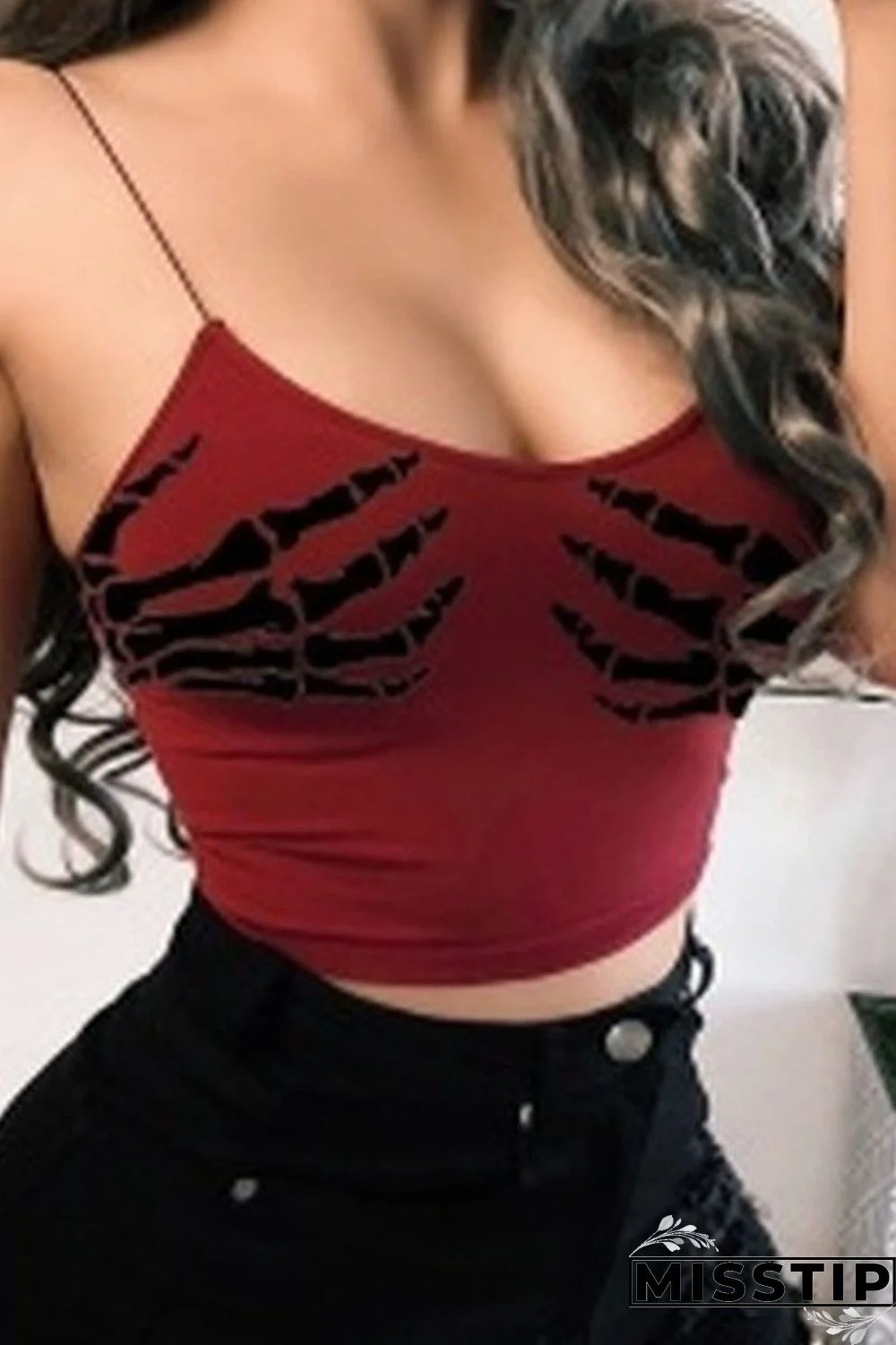 Grey Sexy Street Print Patchwork Spaghetti Strap Tops