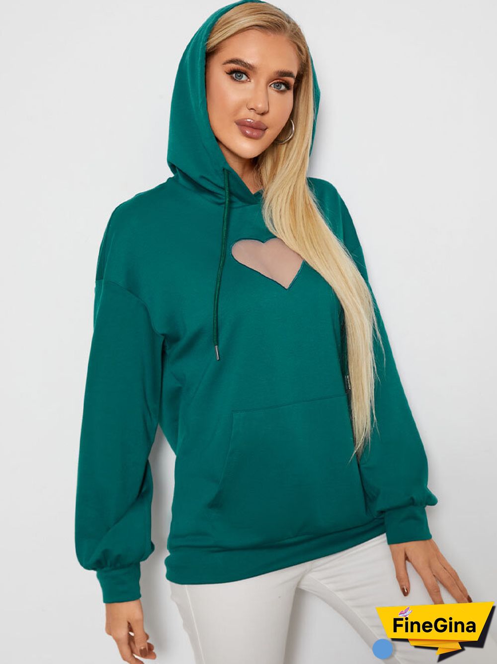Heart Mesh Kangaroo Pocket Drawstring Loose Hoodie