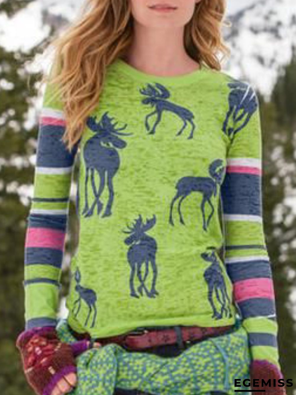 Green Round Neck Casual Long Sleeve Tops | EGEMISS