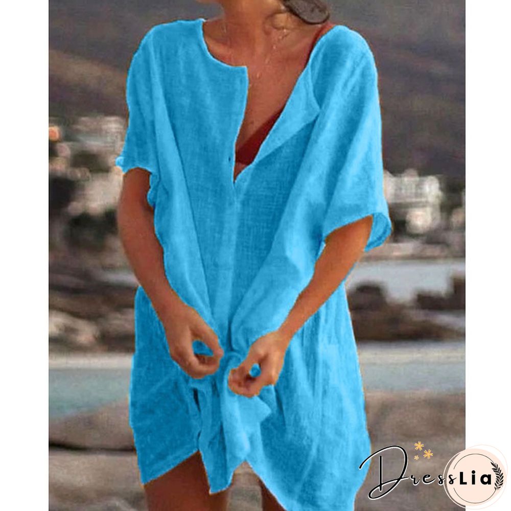 Plus Size Fashion Summer Women's Casual Beach Wear Swimwear Cover-up Linen Dress Loose Short Sleeve Deep V-neck Solid Color Mini Party Dress