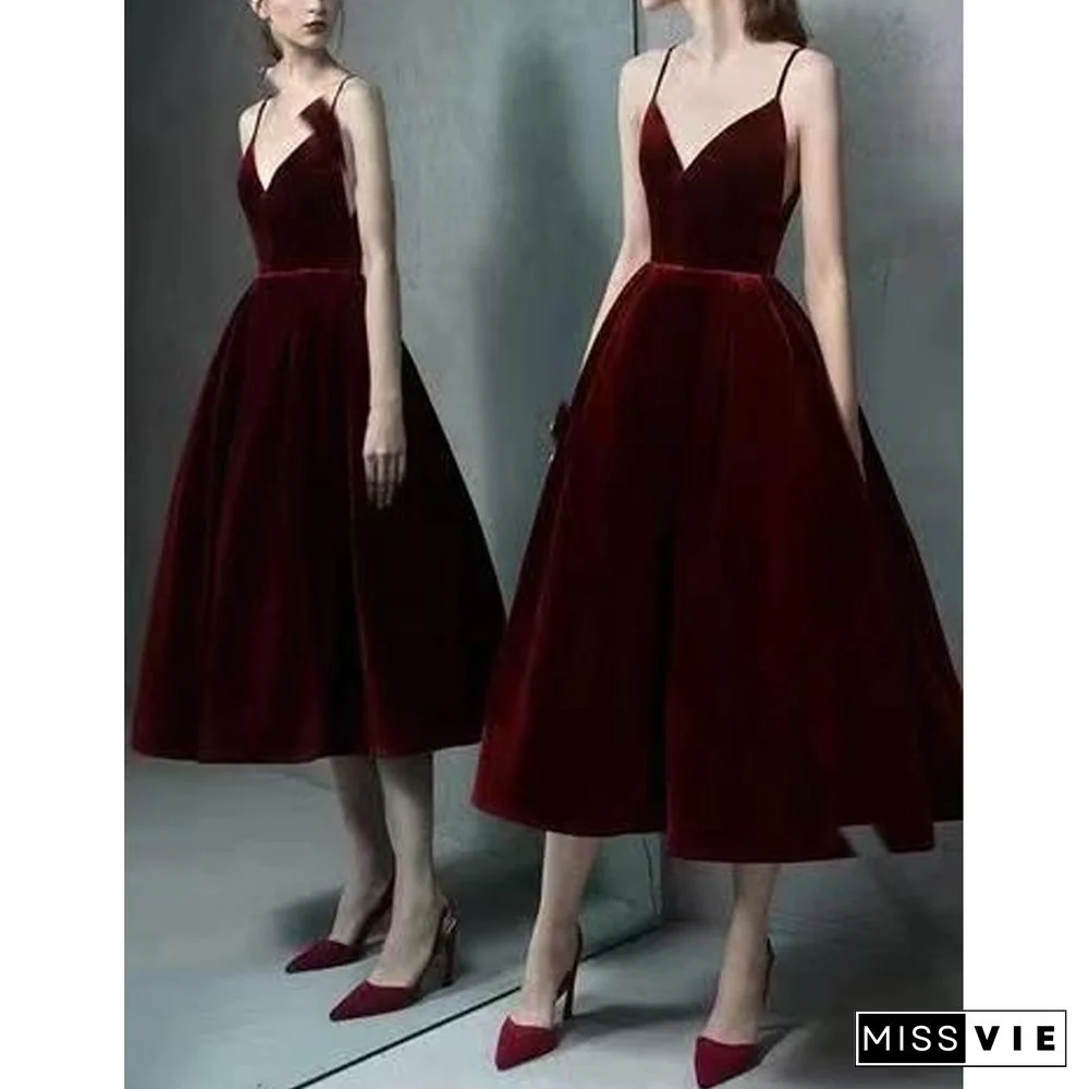 A-Line Minimalist Elegant Evening Party Wear Formal Dress V Neck Sleeveless Floor Length VelvetWith Sleek Celebrity Prom