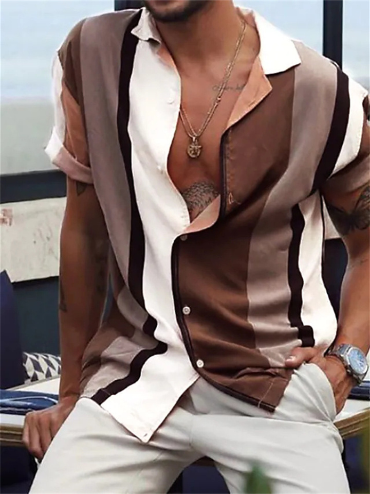 New Men's Shirts Short-sleeved Striped Patchwork Color Slim Short-sleeved Casual Fashion Breathable Men's Cardigan Shirt