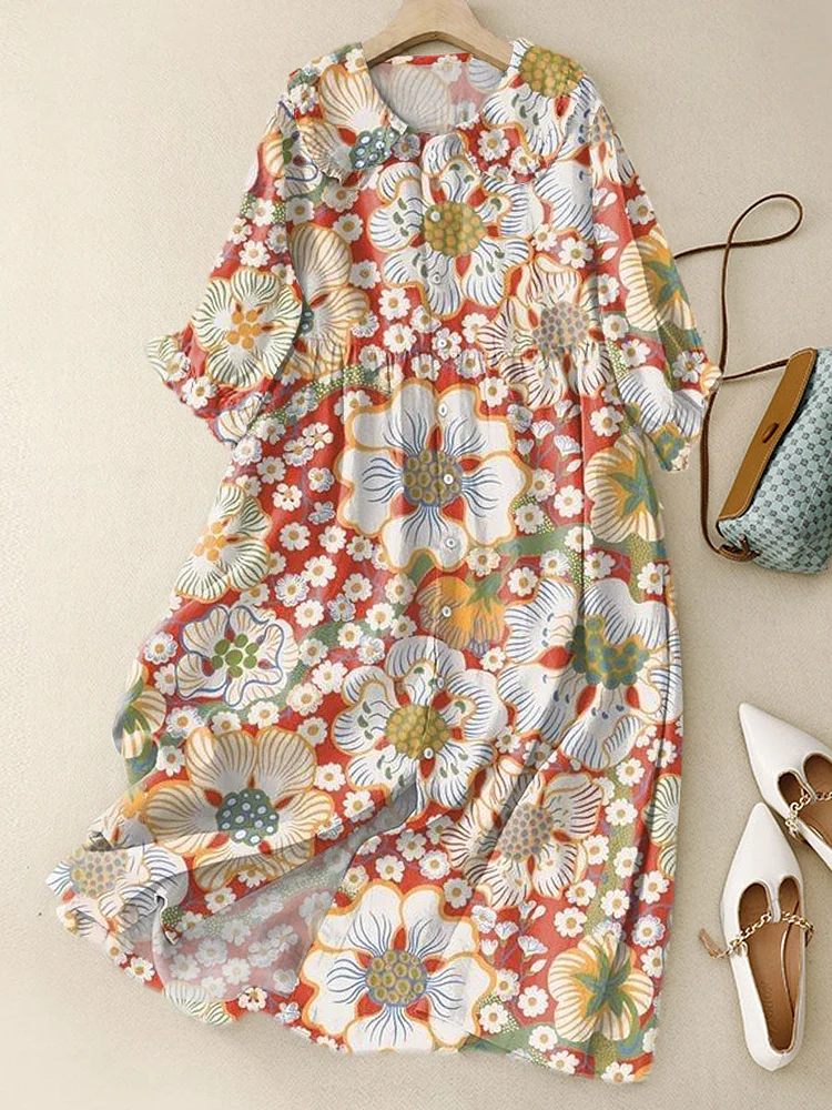Women‘s Vintage Floral Art Print Peter Pan Collar Cotton Dress