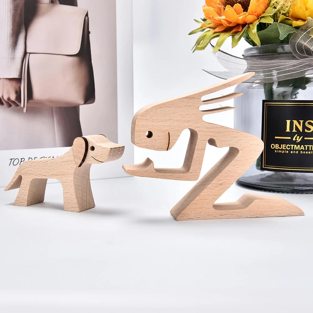 Handmade Wood Dog Decor Sculptures Craft Creative Figurine Ornement Decoration For Bedroom Home Office Decor Gift Natural