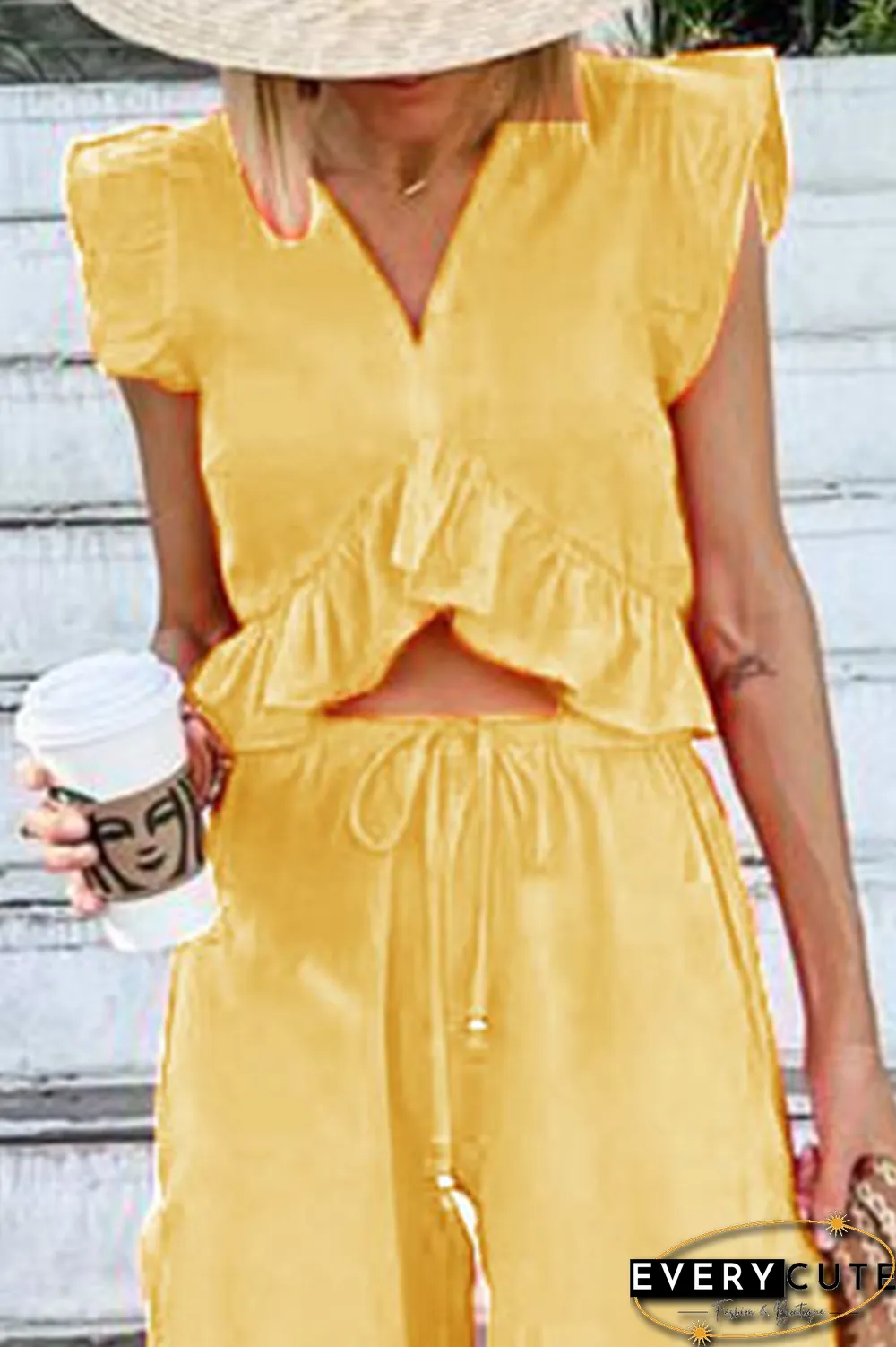 Casual Solid Flounce V Neck Sleeveless Two Pieces(9 Colors)