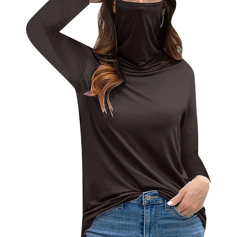 Face Mask Design Loose Solid Women Turtleneck T Shirt Ladies Windproof Thicken Underwear Golf Wear Pullover Simple Blouse Shirt