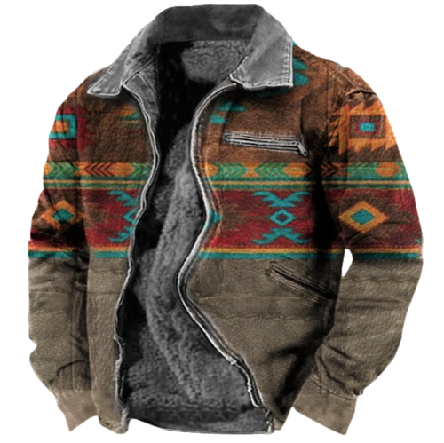 Men's Vintage Ethnic Tribal Print Plush Lined Jacket With Zip Pockets
